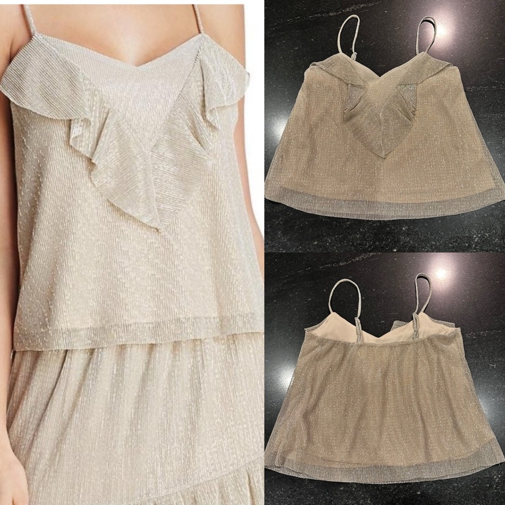 NWOT June & Hudson Gold Shimmer Metallic Ruffle Fully Lined Adjustable Straps M